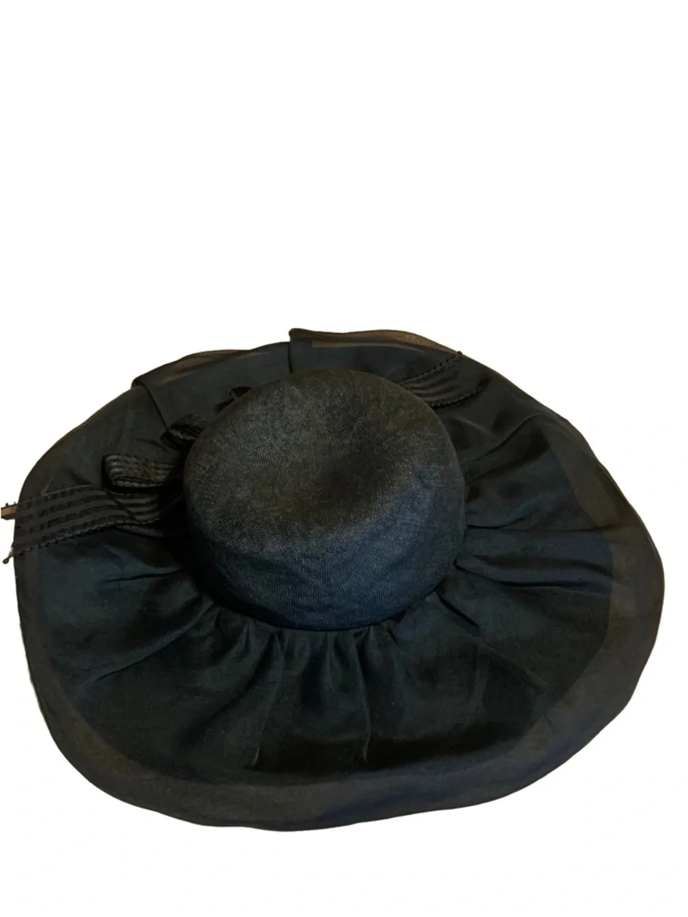 VINTAGE ADOLFO II BLACK WIDE BRIM LINEN HAT WITH STRIPED BOW - Picture 7 of 12